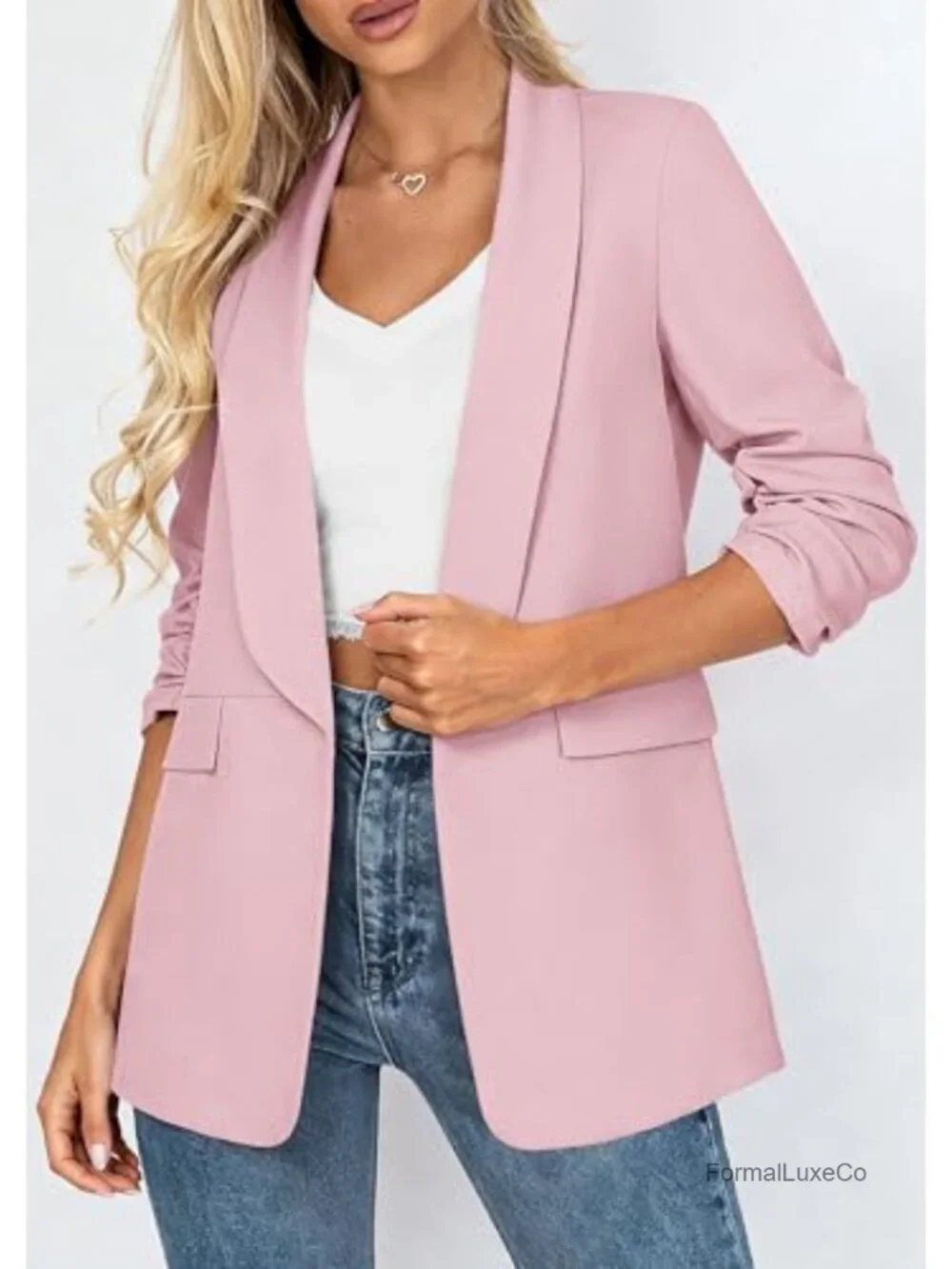 Open Front Ruched 3/4 Sleeve Blazer Business Casual Lightweight Work Suit Jacket